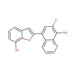 Oc1c(Cl)cc(-c2cc3cccc(O)c3o2)c2cccnc12 ZINC000653749453