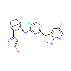 Oc1cc([C@H]2C3CCC(CC3)[C@@H]2Nc2nc(-c3c[nH]c4ncc(F)cc34)ncc2F)no1 ZINC000299857887