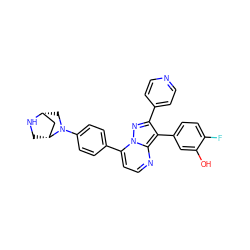 Oc1cc(-c2c(-c3ccncc3)nn3c(-c4ccc(N5C[C@@H]6C[C@H]5CN6)cc4)ccnc23)ccc1F ZINC000049068280