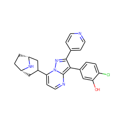 Oc1cc(-c2c(-c3ccncc3)nn3c(C4C[C@@H]5CC[C@H](C4)N5)ccnc23)ccc1Cl ZINC000045256618