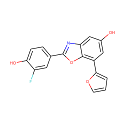 Oc1cc(-c2ccco2)c2oc(-c3ccc(O)c(F)c3)nc2c1 ZINC000013583728