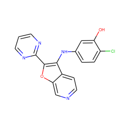 Oc1cc(Nc2c(-c3ncccn3)oc3cnccc23)ccc1Cl ZINC000064746574