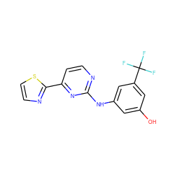 Oc1cc(Nc2nccc(-c3nccs3)n2)cc(C(F)(F)F)c1 ZINC000040893642