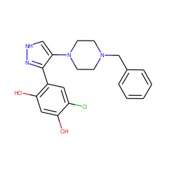 Oc1cc(O)c(-c2n[nH]cc2N2CCN(Cc3ccccc3)CC2)cc1Cl ZINC000014974799