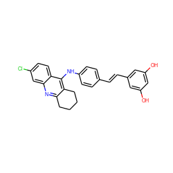 Oc1cc(O)cc(/C=C/c2ccc(Nc3c4c(nc5cc(Cl)ccc35)CCCC4)cc2)c1 ZINC001772609644