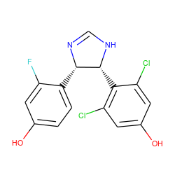 Oc1ccc([C@@H]2N=CN[C@@H]2c2c(Cl)cc(O)cc2Cl)c(F)c1 ZINC000013475120