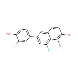 Oc1ccc(-c2cc(F)c3c(Cl)c(O)ccc3c2)cc1F ZINC000013645096