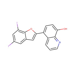 Oc1ccc(-c2cc3cc(I)cc(I)c3o2)c2cccnc12 ZINC000653760688