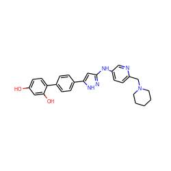 Oc1ccc(-c2ccc(-c3cc(Nc4ccc(CN5CCCCC5)nc4)n[nH]3)cc2)c(O)c1 ZINC000028868343