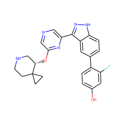 Oc1ccc(-c2ccc3[nH]nc(-c4cncc(O[C@H]5CNCCC56CC6)n4)c3c2)c(F)c1 ZINC000299869202