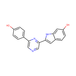 Oc1ccc(-c2cncc(-c3cc4ccc(O)cc4[nH]3)n2)cc1 ZINC000073139825