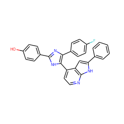 Oc1ccc(-c2nc(-c3ccc(F)cc3)c(-c3ccnc4[nH]c(-c5ccccc5)cc34)[nH]2)cc1 ZINC000095574529