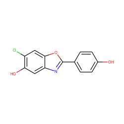 Oc1ccc(-c2nc3cc(O)c(Cl)cc3o2)cc1 ZINC000013583630