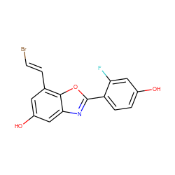 Oc1ccc(-c2nc3cc(O)cc(/C=C/Br)c3o2)c(F)c1 ZINC000013583704