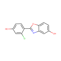 Oc1ccc(-c2nc3cc(O)ccc3o2)c(Cl)c1 ZINC000013583624