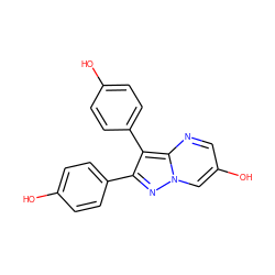 Oc1ccc(-c2nn3cc(O)cnc3c2-c2ccc(O)cc2)cc1 ZINC000014970942