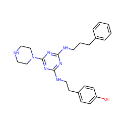 Oc1ccc(CCNc2nc(NCCCc3ccccc3)nc(N3CCNCC3)n2)cc1 ZINC000013492547