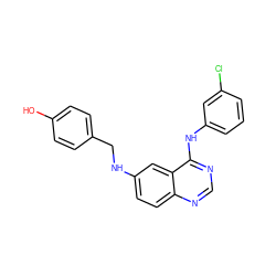 Oc1ccc(CNc2ccc3ncnc(Nc4cccc(Cl)c4)c3c2)cc1 ZINC000073200570