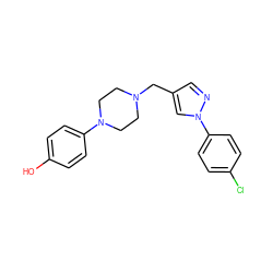 Oc1ccc(N2CCN(Cc3cnn(-c4ccc(Cl)cc4)c3)CC2)cc1 ZINC000095592057