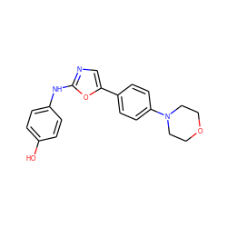 Oc1ccc(Nc2ncc(-c3ccc(N4CCOCC4)cc3)o2)cc1 ZINC000049047105