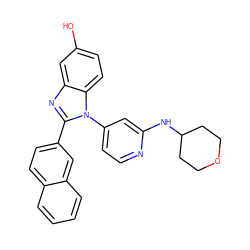 Oc1ccc2c(c1)nc(-c1ccc3ccccc3c1)n2-c1ccnc(NC2CCOCC2)c1 ZINC000095591552