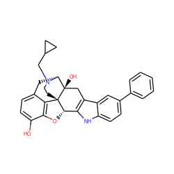 Oc1ccc2c3c1O[C@H]1c4[nH]c5ccc(-c6ccccc6)cc5c4C[C@@]4(O)[C@@H](C2)N(CC2CC2)CC[C@]314 ZINC000013780466