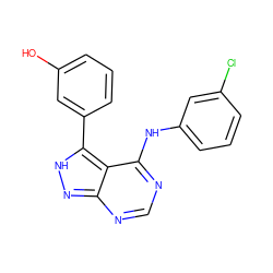 Oc1cccc(-c2[nH]nc3ncnc(Nc4cccc(Cl)c4)c23)c1 ZINC000003815213