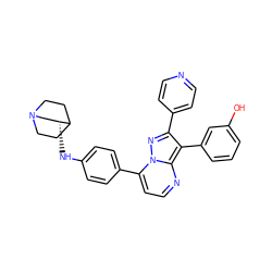 Oc1cccc(-c2c(-c3ccncc3)nn3c(-c4ccc(N[C@@H]5CN6CCC5CC6)cc4)ccnc23)c1 ZINC000049112160