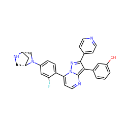 Oc1cccc(-c2c(-c3ccncc3)nn3c(-c4ccc(N5C[C@@H]6C[C@H]5CN6)cc4F)ccnc23)c1 ZINC000049068278