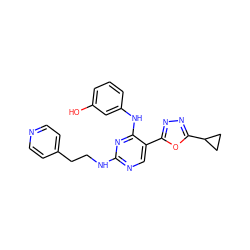 Oc1cccc(Nc2nc(NCCc3ccncc3)ncc2-c2nnc(C3CC3)o2)c1 ZINC000045496421