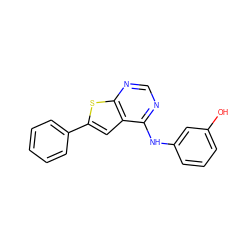 Oc1cccc(Nc2ncnc3sc(-c4ccccc4)cc23)c1 ZINC000000148658