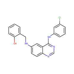 Oc1ccccc1CNc1ccc2ncnc(Nc3cccc(Cl)c3)c2c1 ZINC000082150244