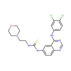 S=C(NCCN1CCOCC1)Nc1ccc2ncnc(Nc3ccc(Cl)c(Cl)c3)c2c1 ZINC000653900924