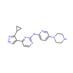 c1cc(-c2c[nH]nc2C2CC2)nc(Nc2ccc(N3CCNCC3)cn2)n1 ZINC000064539085