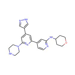 c1cc(-c2cc(-c3cn[nH]c3)cc(N3CCNCC3)n2)cc(NC2CCOCC2)n1 ZINC000058582305