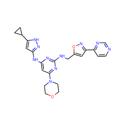 c1cc(-c2cc(CNc3nc(Nc4cc(C5CC5)[nH]n4)cc(N4CCOCC4)n3)on2)ncn1 ZINC000203007959