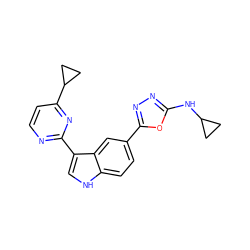 c1cc(C2CC2)nc(-c2c[nH]c3ccc(-c4nnc(NC5CC5)o4)cc23)n1 ZINC000203727052