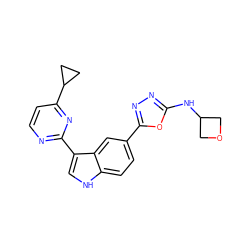 c1cc(C2CC2)nc(-c2c[nH]c3ccc(-c4nnc(NC5COC5)o4)cc23)n1 ZINC000203724521