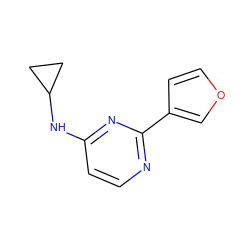 c1cc(NC2CC2)nc(-c2ccoc2)n1 ZINC000004265986