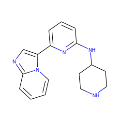 c1cc(NC2CCNCC2)nc(-c2cnc3ccccn23)c1 ZINC000029045411