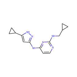 c1cc(Nc2cc(C3CC3)[nH]n2)nc(NCC2CC2)n1 ZINC000084635462