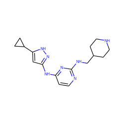 c1cc(Nc2cc(C3CC3)[nH]n2)nc(NCC2CCNCC2)n1 ZINC000473165466
