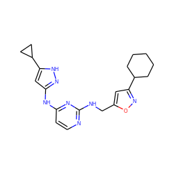 c1cc(Nc2cc(C3CC3)[nH]n2)nc(NCc2cc(C3CCCCC3)no2)n1 ZINC000164729414