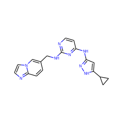 c1cc(Nc2cc(C3CC3)[nH]n2)nc(NCc2ccc3nccn3c2)n1 ZINC000653864033