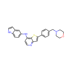 c1cc(Nc2ccc3[nH]ccc3c2)c2sc(-c3ccc(CN4CCOCC4)cc3)cc2n1 ZINC000013588192