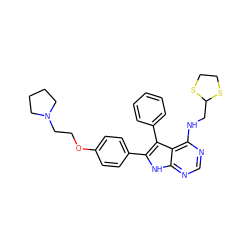 c1ccc(-c2c(-c3ccc(OCCN4CCCC4)cc3)[nH]c3ncnc(NCC4SCCS4)c23)cc1 ZINC000038246580