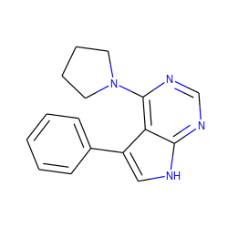 c1ccc(-c2c[nH]c3ncnc(N4CCCC4)c23)cc1 ZINC000210753886