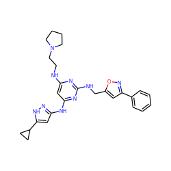 c1ccc(-c2cc(CNc3nc(NCCN4CCCC4)cc(Nc4cc(C5CC5)[nH]n4)n3)on2)cc1 ZINC000203005726