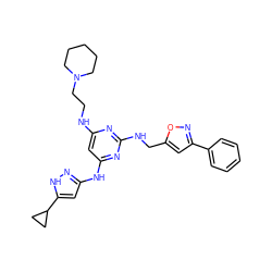 c1ccc(-c2cc(CNc3nc(NCCN4CCCCC4)cc(Nc4cc(C5CC5)[nH]n4)n3)on2)cc1 ZINC000203005609