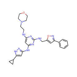 c1ccc(-c2cc(CNc3nc(NCCN4CCOCC4)cc(Nc4cc(C5CC5)[nH]n4)n3)on2)cc1 ZINC000203007047